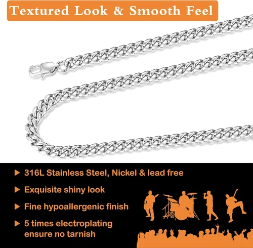 Vista 2 de Jewlpire Diamond Cut Miami Mens Cuban Link Chain Necklace Gold Chain Silver Chain for Men Boys Women Hip-Hop Cool Style 316L Stainless Steel18K