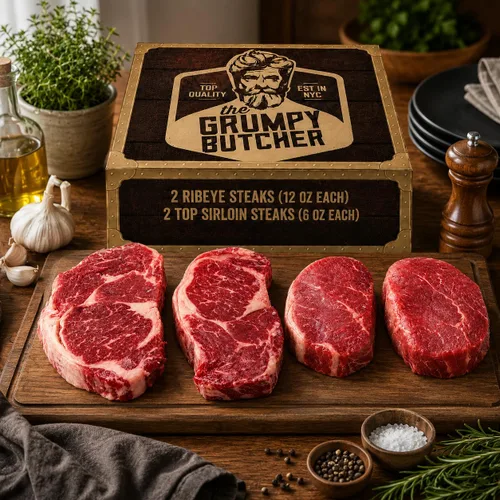 Vista 7 de Caja de regalo de 4 filetes Grumpy Butcher – 2 filetes de entrecot (12 oz) y 2 filetes de solomillo superior (6 oz) – Sampler de carne Angus