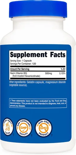 Vista 5 de Nutricost Niacina (sin rubor) inositol hexanicotinato 500 mg, 120 cápsulas, vitamina B3