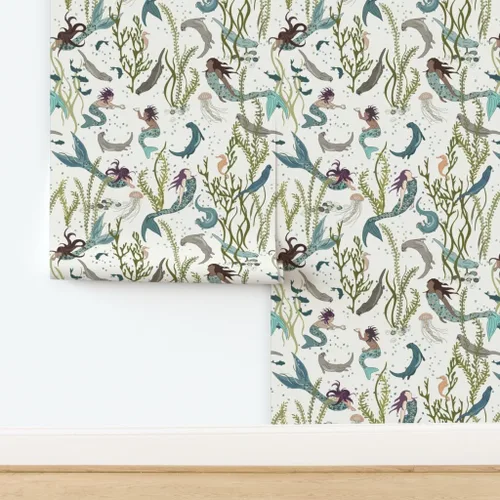 Vista 4 de Papel tapiz para despegar y pegar, diseño de sirenas nutrias, blanco, verde, azul, mar, océano, fondo de pantalla extraíble personalizado Spoonflower
