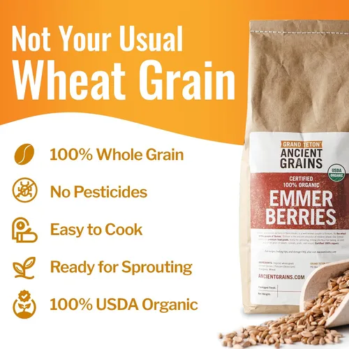 Vista 5 de Grand Teton - Granos antiguos de trigo emmer, 100% bayas orgánicas, bayas de trigo emmer orgánico de grado alimenticio premium, trigo farro