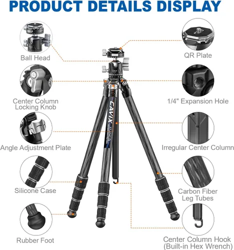 Vista 3 de CAVIX Trípode de fibra de carbono de 57 pulgadas/57.1 in, trípode ligero para cámara, cabezal de bola de trípode panorámico de 360°, placa QR Arca