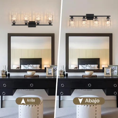 Vista 7 de Lámpara de tocador de baño de 4 luces negras mate, iluminación moderna de tocador con pantalla de vidrio de cristal, accesorios de iluminación