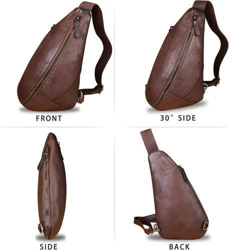 Vista 5 de Genuine Leather Silng Bag for Women and Men Vintage Leather Sling Backpack Shoulder Crossbody Bag Chest Purses Café