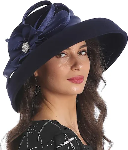 Vista 2 de FORBUSITE Sombreros de fiesta de fieltro de lana para mujer, para otoño, invierno, sombreros de iglesia de los años 1920 y 1950 azul marino