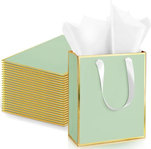 Vista 13 de Yeaqee Paquete de 24 bolsas de regalo de papel metálico con asa y tejido de 9 x 7 x 3.1 pulgadas, papel de aluminio dorado, bolsas de agradecimiento