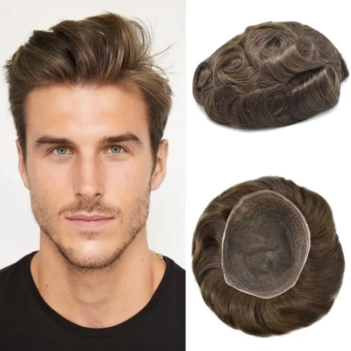 Vista 8 de Completo suizo encaje tupé para hombres pieza de pelo real sistema de reemplazo de cabello humano para hombres Toupee Hairpieces para hombres 7x9