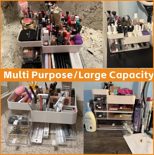 Vista 4 de Organizadores de maquillaje rosa para tocador con 3 cajones, organizadores grandes para el cuidado de la piel para encimera, escritorio, aparador