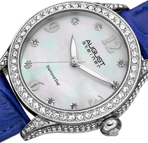 Vista 2 de AS8188 - Reloj de pulsera de cuero con 8 marcadores de hora de diamantes con esfera de nácar