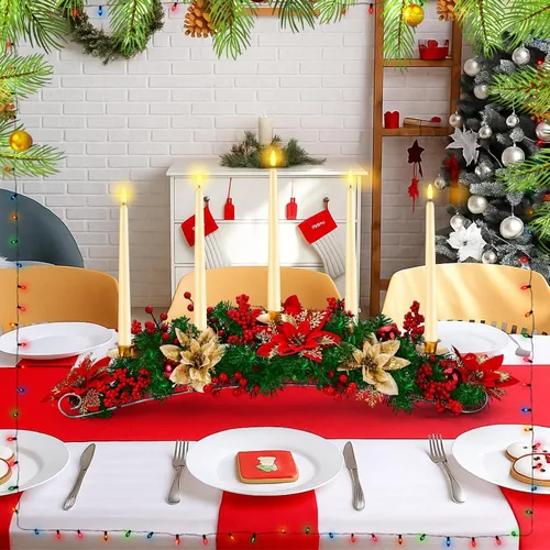 Vista 5 de Sliner Centro de Mesa Navideño de Sobremesa de 30 Pulgadas Portavelas de Flor de Pascua con 5 Velas Largas Artificiales LED sin Llama de Punta
