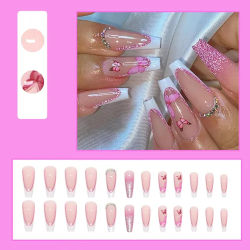 Vista 2 de Uñas largas a presión, uñas postizas cuadradas de punta francesa, uñas acrílicas, punta de ataúd, uñas adhesivas de cobertura completa, uñas