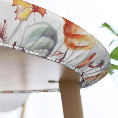 Vista 5 de Mantel elástico redondo con diseño de hojas de calabaza otoñal, con borde ajustable para mesa de 45 a 50 pulgadas de diámetro