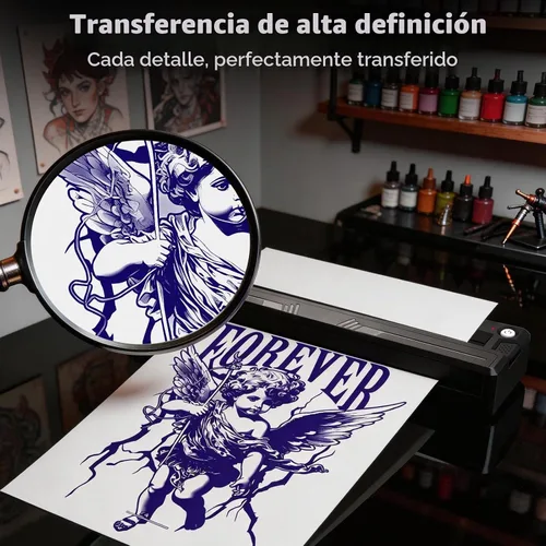 Vista 4 de Nueva impresora de plantillas de tatuajes, kit térmico inalámbrico Bluetooth con 10 papeles de transferencia, se adapta a papel térmico