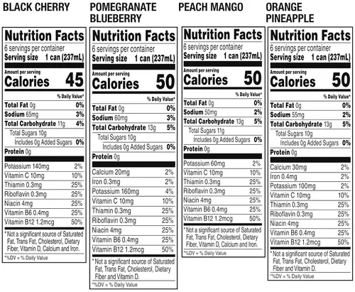Vista 2 de V8 +Energy Variety Pack, Granada Arándano, Piña Naranja, Mango Melocotón, Cereza Negra, 8 Fl Oz (Paquete de 24)