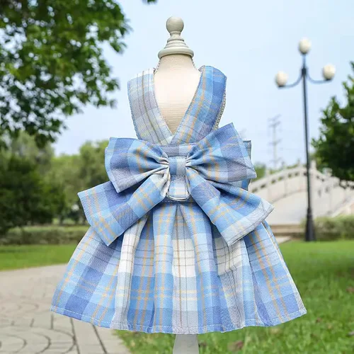 Vista 8 de PETCARE Vestido de Perro a Cuadros con Corbata de Moño y Arnés Set de Correa para Perros Pequeños, Gatos, Niñas, Lindos Vestidos de Princesa
