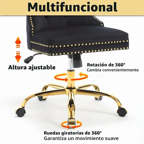 Vista 6 de ABET - Silla giratoria de terciopelo para escritorio, respaldo alto copetudo, sin brazos dorados, color negro