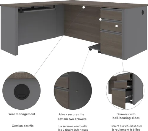 Vista 4 de Bestar Prestige + Escritorio en forma de L con pedestal, 72 W, gris ladrido y pizarra With Pedestal; 1 file drawer; for home office use