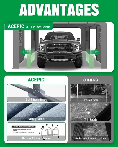 Vista 3 de ACEPIC - Cochera resistente mejorada de 13 x 20 pulgadas, garaje portátil para conducir Features Roll-up Windows & Doors, Portable Garage with UV
