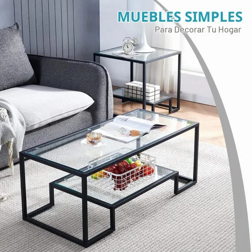 Vista 6 de Mesa de centro de cristal de metal negro, mesa de centro simple para sala de estar, hogar, mesa de centro con marco de metal con 2 estantes, mesa
