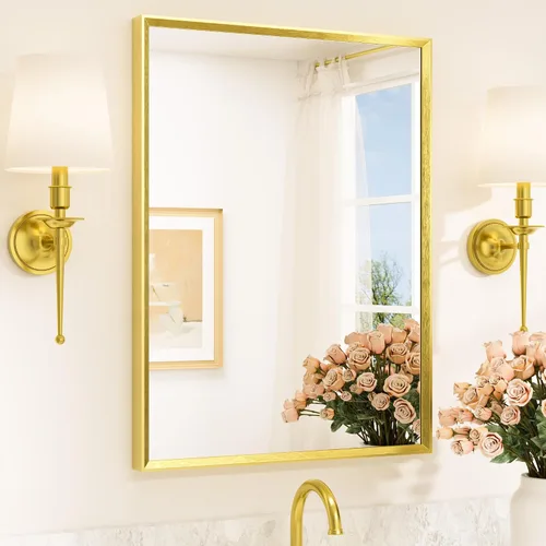 Vista 84 de TETOTE Espejo de baño dorado cepillado de 20" x 30", espejo de tocador de baño rectangular de latón dorado cepillado con marco biselado para sobre