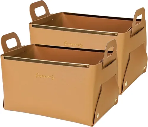 Vista 9 de Cesta decorativa de piel sintética, cesta pequeña para entrada, mesita de noche, cómoda, caja organizadora rectangular plegable (marrón)
