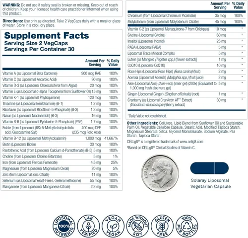 Vista 2 de SOLARAY Multivitamínico liposomal para mujeres 50 Plus, absorción mejorada con hierro, vitamina D, vitamina C, B12, biotina y más, apoyo