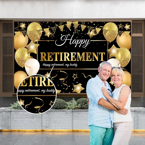Vista 5 de GEMLORD Decoraciones de fiesta de jubilación con texto en inglés «Happy Retirement» de tela grande, telón de fondo negro y dorado con cuerda