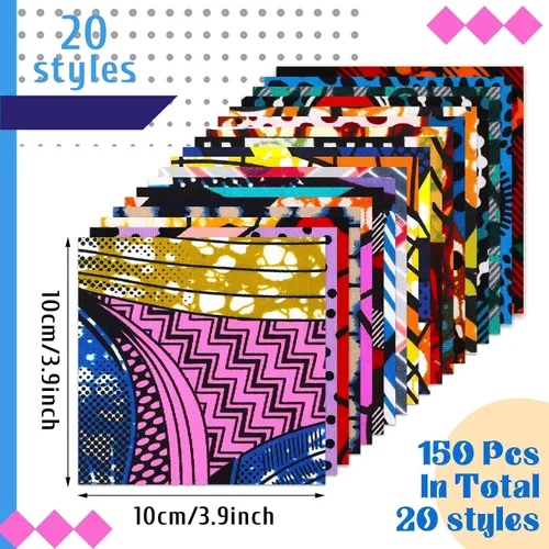 Vista 2 de Tatuo 150 piezas de tela de algodón africano de 4 × 4 pulgadas cuadrados de tela de acolchado no repetida Kente, cuadrados de cera africana Ankara