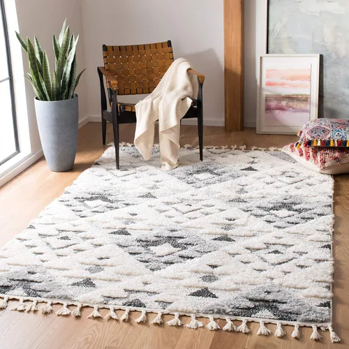 Vista 8 de SAFAVIEH Alfombra marroquí con borlas, 2 x 3 pies, marfil y marrón, no desprende pelusa y fácil de limpiar, textura alta y baja, ideal