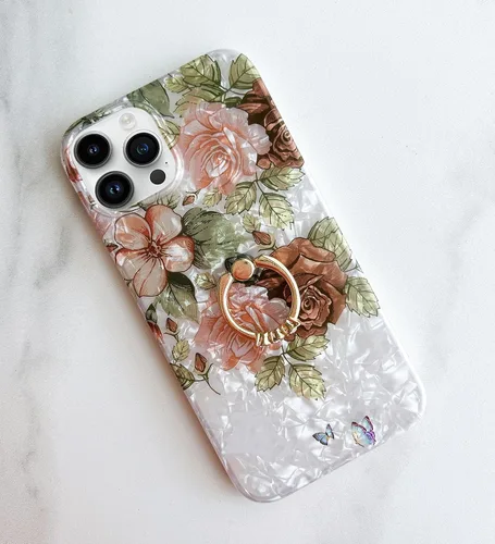 Vista 6 de Qokey Funda compatible con iPhone 14 Pro Max de 6.7 pulgadas, versión 2022, bonito diseño de flores transparentes con soporte de anillo giratorio