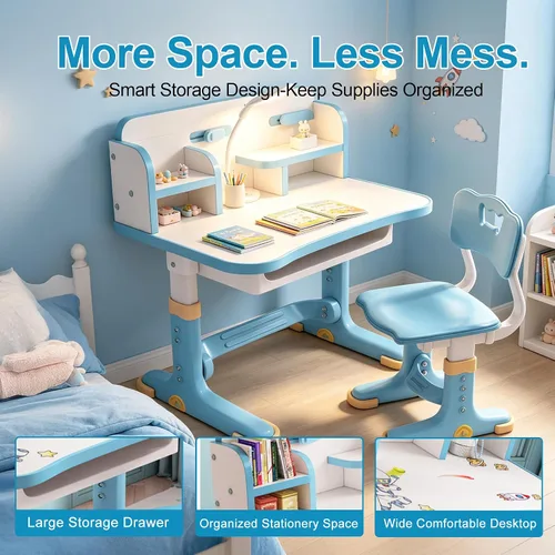 Vista 5 de HEVIRGO Kids Desk and Chair Set – Height Adjustable Blue Study Table
