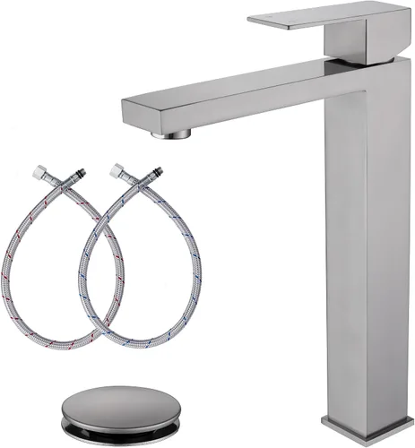 Vista 12 de llave de fregadero dorado cepillado, grifo de baño dorado de un solo agujero, grifo de fregadero de una sola manija alto con desagüe desplegable