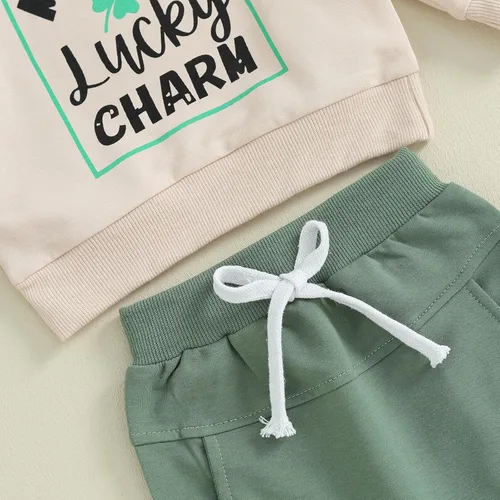 Vista 6 de Amiblvowa Conjunto de sudadera de manga larga para el día de San Patricio para bebé niño, sudadera de manga larga y pantalones deportivos casuales