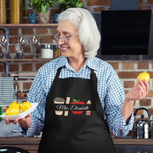 Vista 6 de shop4ever Delantal personalizado con nombre de profesor de café, manzana, con bolsillos, regalo personalizable para profesores de arte, niños, Negro