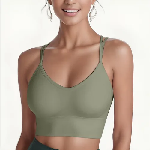 Vista 3 de Sujetadores deportivos sin mangas para mujer para busto grande, entrenamiento deportivo entrecruzado, compresión push up, gimnasio, talla grande