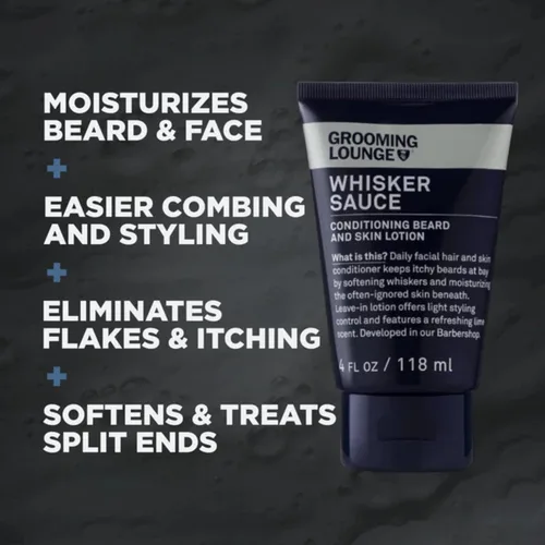 Vista 5 de Grooming Lounge Acondicionador de barba Whisker Sauce – Loción acondicionador para barba y piel – Elimina la picazón y la descamación – Permite
