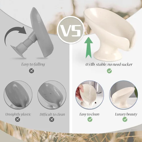 Vista 6 de Jabonera, Jabonera Autodrenante para Barra de Jabón para Fregadero de Baño, Jabonera de Cerámica con Forma de Hoja y Drenaje, Jabonera de Porcelana