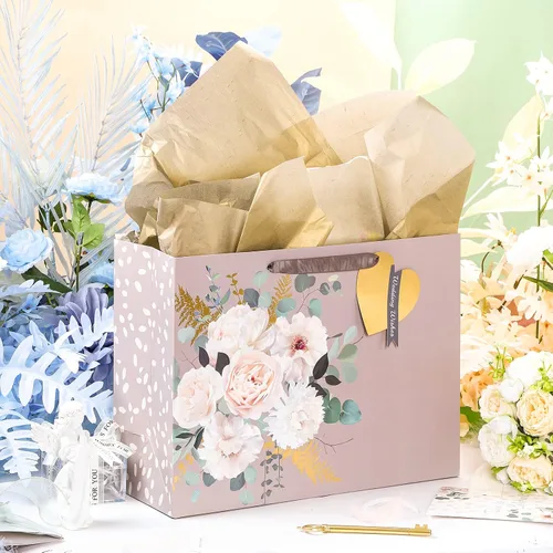 Vista 5 de MAYPLUSS Bolsa de regalo extra grande de 16 pulgadas con tarjeta de felicitación y papel de seda para boda, cumpleaños, diseño floral dorado