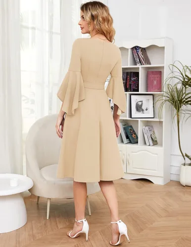 Vista 4 de Bridesmay Elegante vestido de cóctel para mujer, manga 34, cuello en V, longitud del té con cinturón desmontable