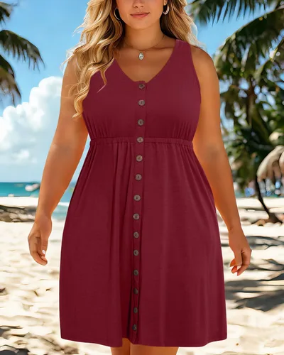Vista 2 de Holipick Vestidos de verano para mujer, talla grande, casual, con bolsillos, acampanado, con botones, sin mangas, cuello en V