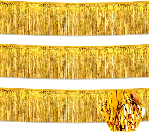 Vista 26 de Paquete de 3 guirnaldas largas de flecos metálicos de aluminio negro dorado para colgar en la pared, Día de la Madre, Pascua, flotadores de desfile