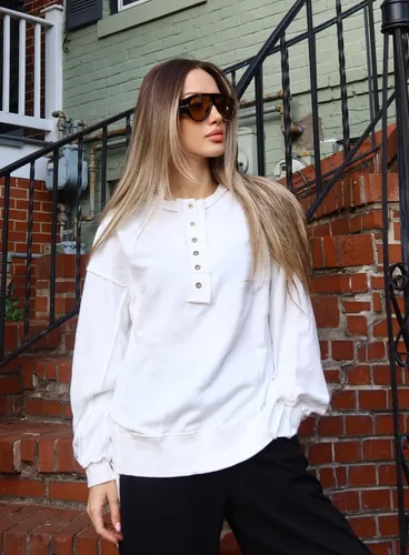 Vista 86 de AlvaQ - Sudadera de gran tamaño para mujer, informal, de manga larga, con botones y cuello Henley, tipo túnica