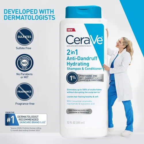 Vista 8 de CeraVe Champú y Acondicionador Hidratante Anticaspa 2 en 1, Tratamiento de Caspa con Zinc Piritiona al 1%, Champú y Acondicionador Sin Sulfatos