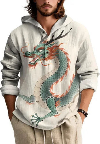 Vista 14 de Sudadera con capucha con estampado novedoso para hombre, multiestilo, manga larga, casual, con botones de un cuarto