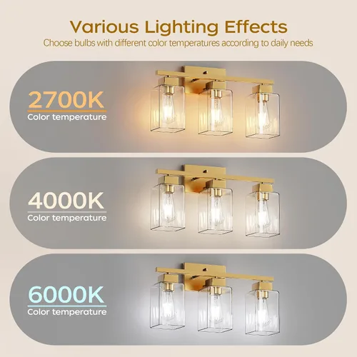 Vista 6 de PARTPHONER Lámparas de baño de 3 luces, luces de tocador modernas de oro cepillado, accesorios de iluminación de baño sobre el espejo, apliques