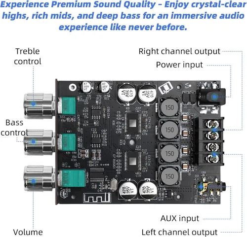 Vista 2 de ZK-1002T Placa de amplificador estéreo Bluetooth 5.0, módulo de mini amplificador de audio de 200 W HiFi de 2.0 canales con control de agudos