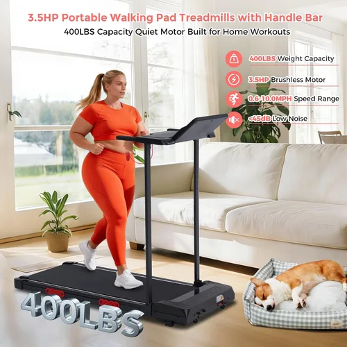Vista 6 de Walking Pad with Handle Bar and Incline, 3.0HP Electric Portable Small Treadmills with Incline for Home Small Spaces, 0.6-7.6MPH Compact Walking