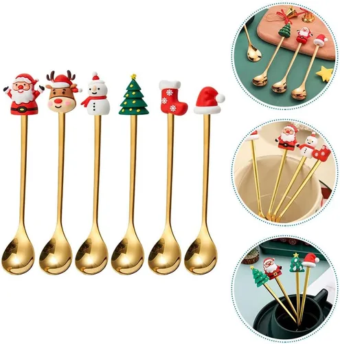 Vista 4 de Upkoch Juego de cucharas de Navidad, cucharas de café de Navidad, cucharadita de café de postre de acero inoxidable, vajilla de fiesta