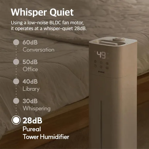 Vista 6 de Pureal Humidificador de torre de 10L, tiempo de funcionamiento 83H, niebla cálida y fría, habitación grande, tanque de llenado superior en ruedas