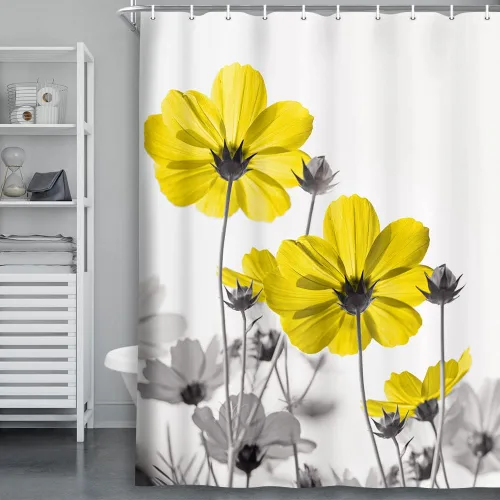 Vista 7 de MERCHR Cortina única floral azul para decoración de baño, cortina de ducha estilo granja con flores de margarita azul y gris elegantes y diseño